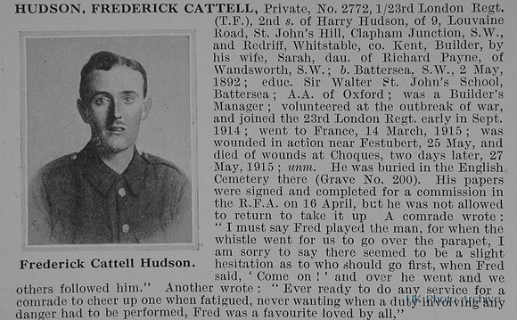 Hudson F C Pte 2772 23rd London Regiment Obit