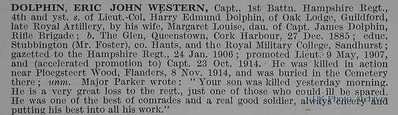 Dolphin E J W Captain 1st Hampshire Regiment Obit