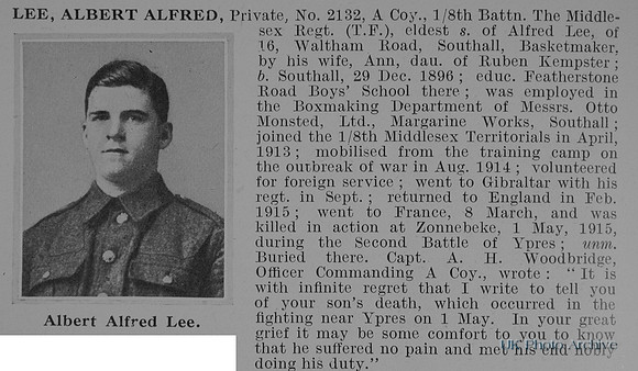 Lee A A Pte 2132 8th Middlesex Regiment Obit