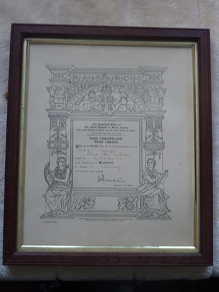 Framed Pianoforte Certificate Pass With Credit 1938 Olive M Tickner