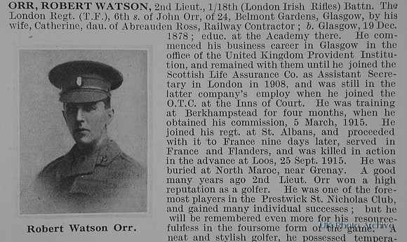 Orr R W 2nd Lt 18th London Regiment Obit Part 1 De Ruvignys Roll Of Honour Vol 1