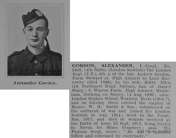 Gordon A L/Cpl 2409 14th London Regiment Obit