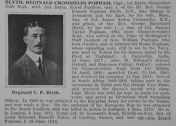 Blyth R C P Captain 1st Gloucestershire Regiment Attd 2nd Royal Fusiliers Obit