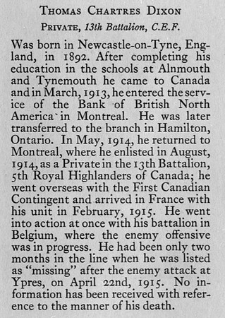 Dixon T C Pte 24713 13th Canadian Infantry Obit Bank Of Montreal Memorial Of The Great War