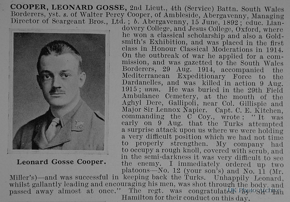 Cooper L G 2nd Lt 4th South Wales Borderers Obit