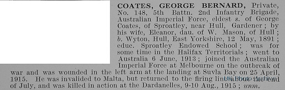 Coates G B Pte 148 5th Australian Imperial Force Obit