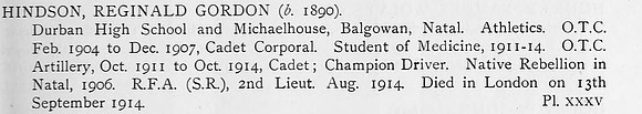 Hindson R G 2nd Lt Royal Field Artillery Obit