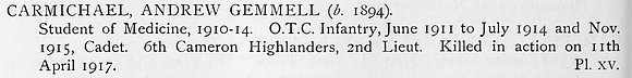 Carmichael A G 2nd Lt 6th Cameron Highlanders Obit
