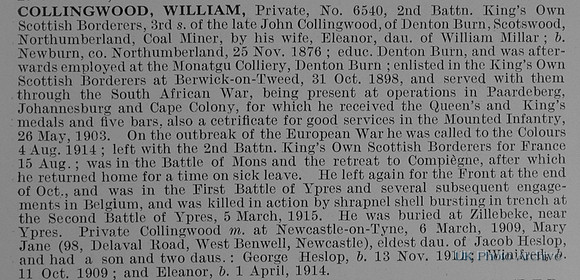 Collingood W Pte 6540 2nd Kings Own Scottish Borderers Obit