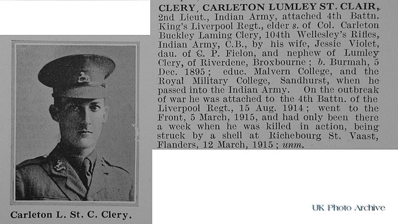 Clery C L St C 2nd Lt Indian Army Attd 4th Kings Liverpool Regiment Obit