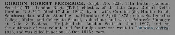 Gordon R F Cpl 3223 14th London Regiment Obit