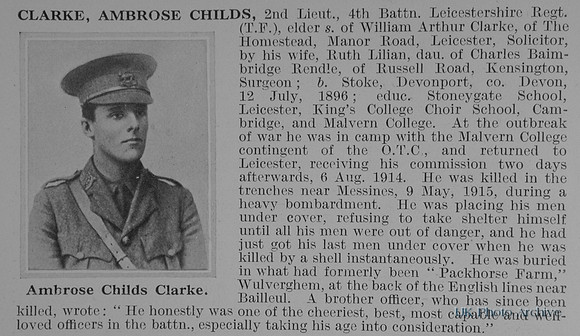 Clarke A C 2nd Lt 4th Leicestershire Regiment Obit