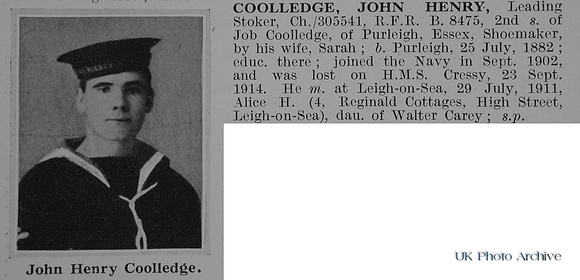Coolledge J H Leading Stoker CH-305541 HMS Cressy Royal Navy Obit