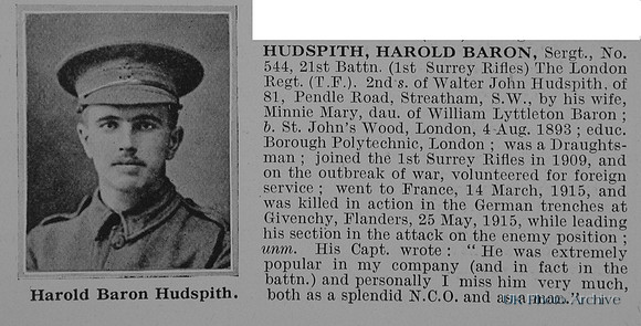 Hudspith H B Sergt 544 21st London Regiment Obit