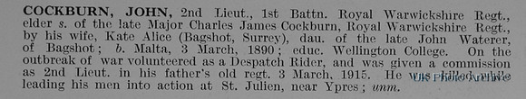 Cockburn J 2nd Lt 1st Royal Warwickshire Regiment Obit