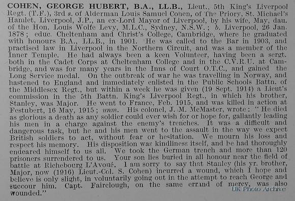 Cohen G H Lt 5th Kings Liverpool Regiment Obit