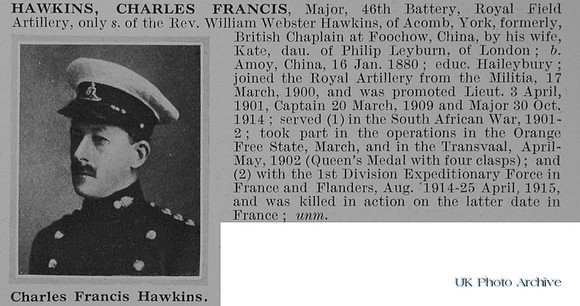 Hawkins C F Major Royal Field Artillery Obit