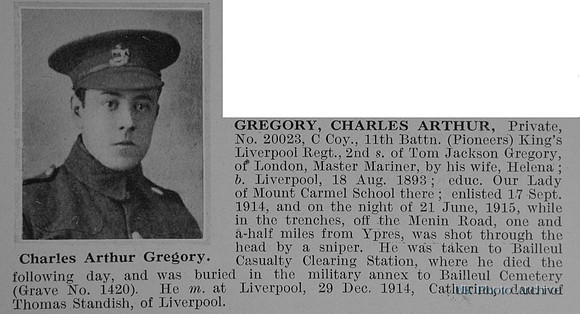 Gregory C A Pte 20023 11th Kings Liverpool Regiment Obit