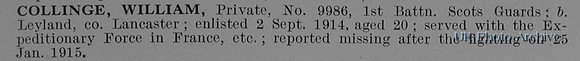 Collinge W Pte 9986 1st Scots Guards Obit