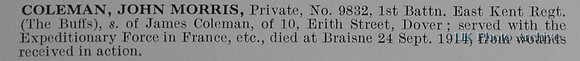 Coleman J M Pte 9832 1st East Kent Regiment Obit
