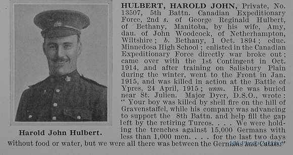 Hulbert H J Pte 13507 5th Canadian Expeditionary Force Obit