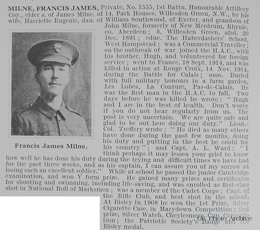 Milne F J Pte 1555 1st Honourable Artillery Company Obit