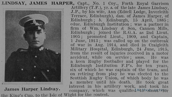 Lindsay J H Captain Royal Garrison Artillery Obit