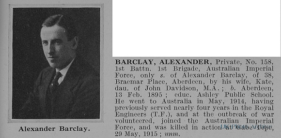 Barclay A Pte 158 1st Australian Imperial Force Obit