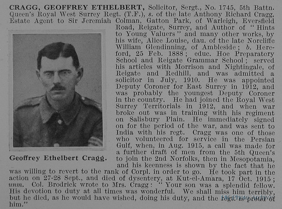 Cragg G E Sergt 1745 5th Queens Royal West Surrey Regiment Obit
