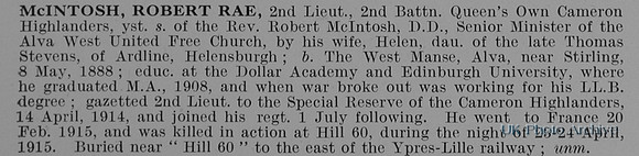 McIntosh R R 2nd Lt 2nd Queens Own Cameron Highlanders Obit
