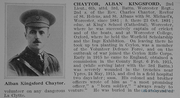 Chaytor A K 2nd Lt 6th Attd 3rd Worcestershire Regiment Obit