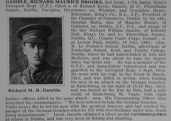 Gamble R M B 2nd Lt 7th Kings Liverpool Regiment Obit