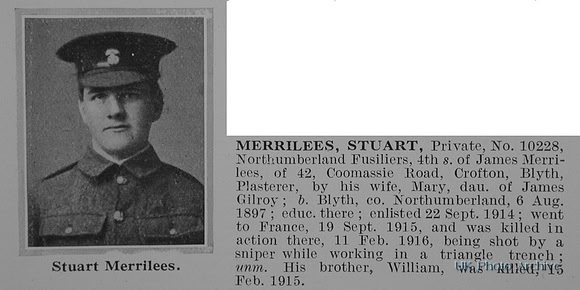 Merrilees S Pte 10228 11th Northumberland Fusiliers Obit De Ruvignys Roll Of Honour Vol 1