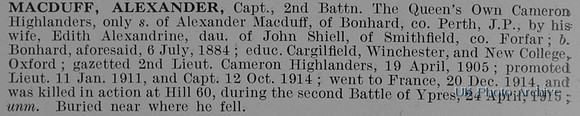 MacDuff A Captain 2nd Cameron Highlanders Obit