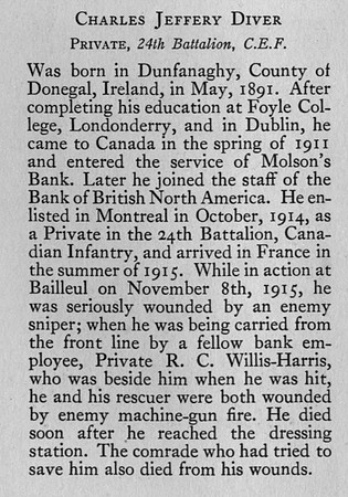 Diver C J Pte 65266 24th CEF Obit Bank Of Montreal Memorial Of The Great War