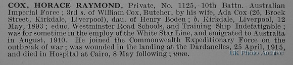 Cox H R Pte 1125 10th Australian Imperial Force Obit