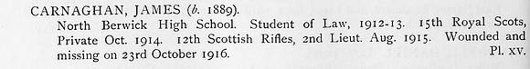 Carnaghan J 2nd Lt 12th Cameronians Obit