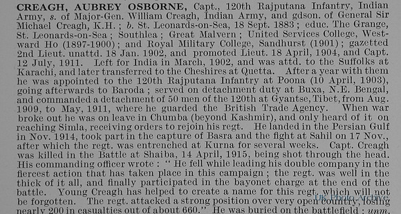 Creagh A O Captain Indian Army Obit