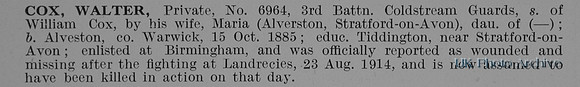 Cox W Pte 6964 3rd Coldstream Guards Obit