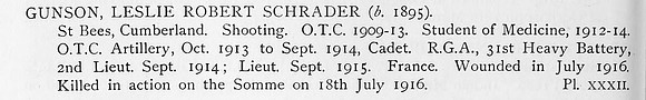 Gunson L R S Lt Royal Garrison Artillery Obit