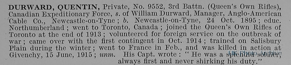 Durward Q Pte 9552 3rd Canadian Expeditionary Force Obit