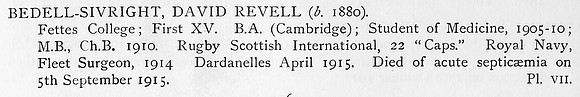 Bedell-Sivright D R Fleet Surgeon Royal Navy Obit
