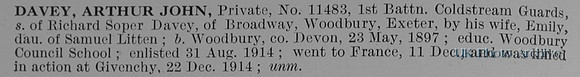 Davey A J Pte 11483 1st Coldstream Guards Obit