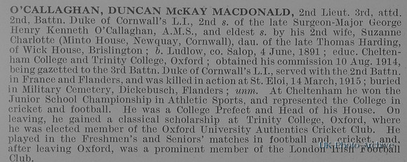 O'Callaghan D M M 2nd Lt 2nd Duke Of Cornwalls Light Infantry Obit De Ruvignys Roll Of Honour Vol 1