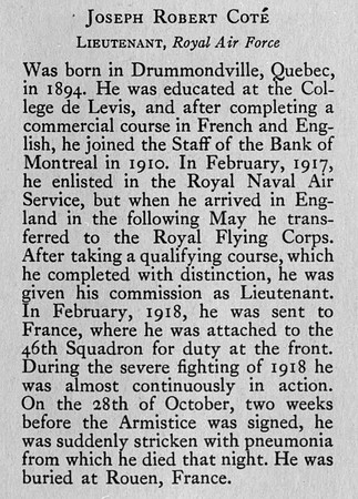 Cote J R Lt Royal Air Force Obit Bank Of Montreal Memorial Of The Great War