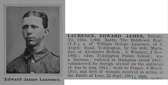Laurence E J Pte 1945 8th Middlesex Regiment Obit