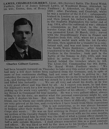 Lawes C G Lt 9th Royal Welsh Fusiliers Obit De Ruvignys Roll Of Honour Vol 3