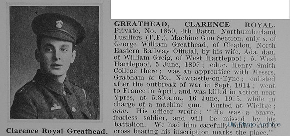 Greathead C R Pte 1850 4th Northumberland Fusiliers Obit