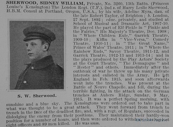 Sherwood S W Pte 3260 13th London Regiment Obit