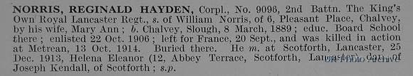 Norris R H Cpl 9096 2nd Kings Own Royal Lancaster Regiment